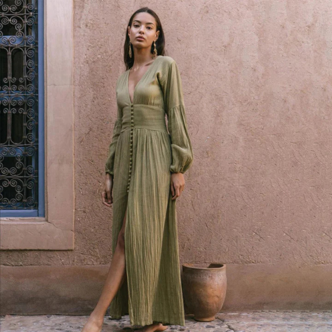 Women's V-Neck Dress With Waist Pleats | Maxi