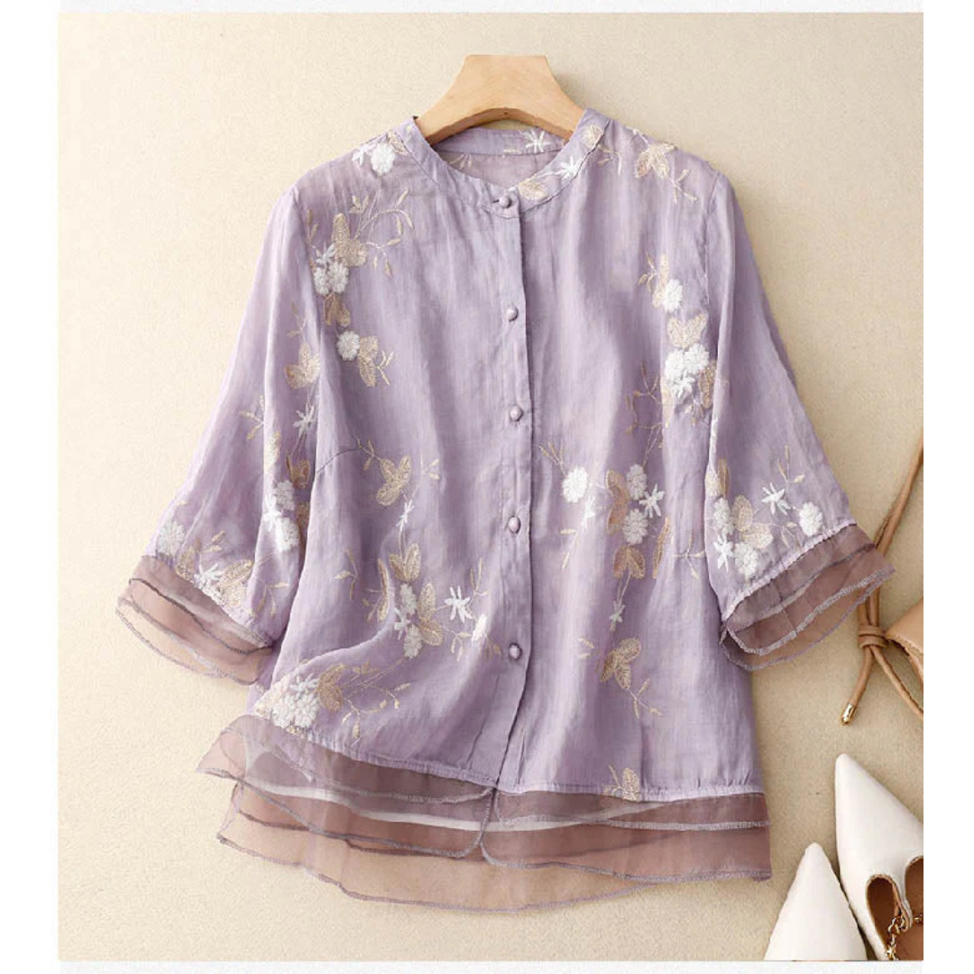 Women's Embroidered Layered Hem Blouse | Long Sleeves