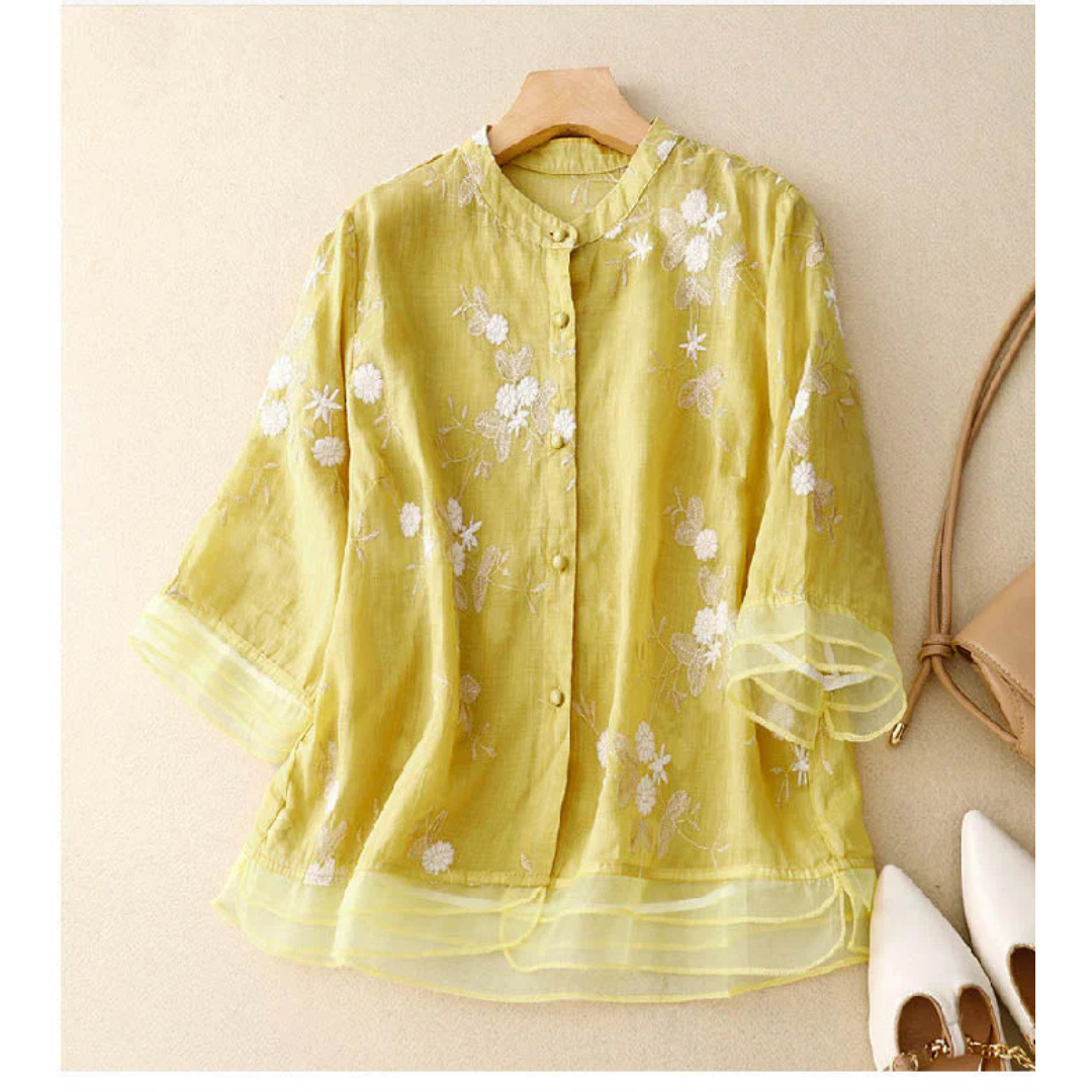 Women's Embroidered Layered Hem Blouse | Long Sleeves