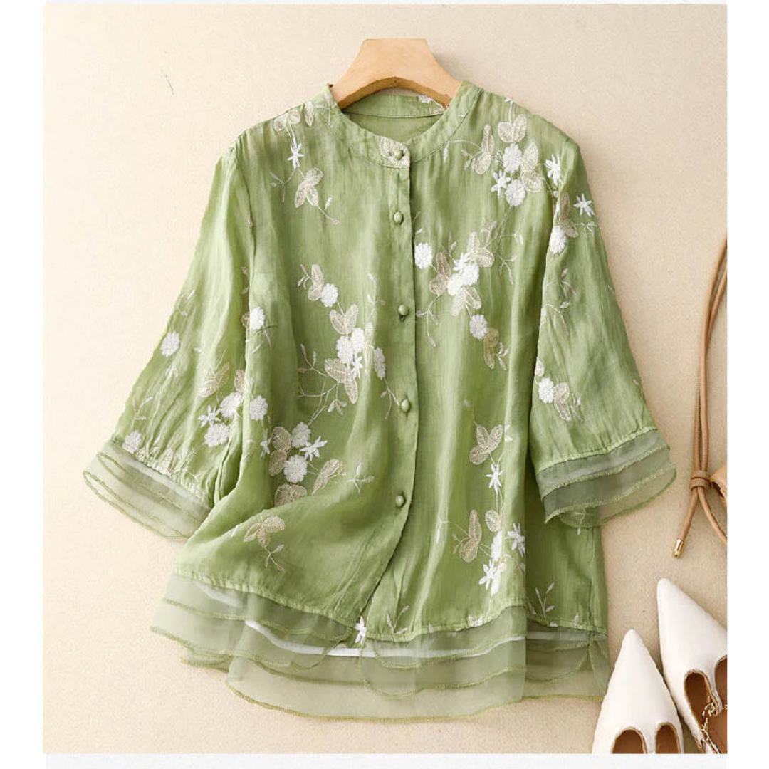 Women's Embroidered Layered Hem Blouse | Long Sleeves
