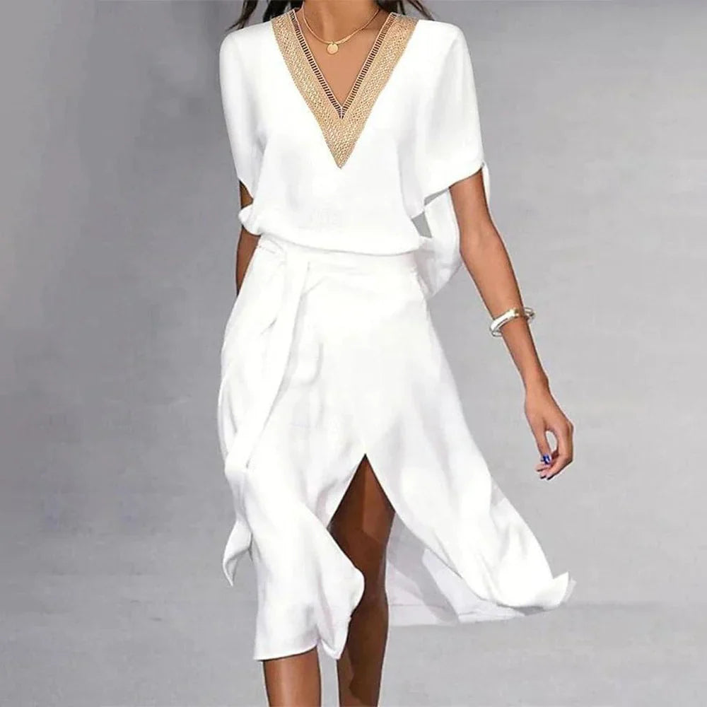 Sophie – elegant white midi dress with v-neck | Stylish & Versatile Design