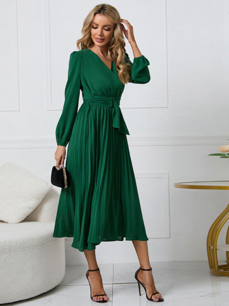 Women's Elegant Pleated Wrap Dress with Belt | Midi