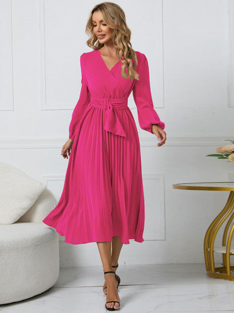 Women's Elegant Pleated Wrap Dress with Belt | Midi