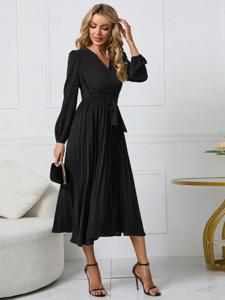 Women's Elegant Pleated Wrap Dress with Belt | Midi