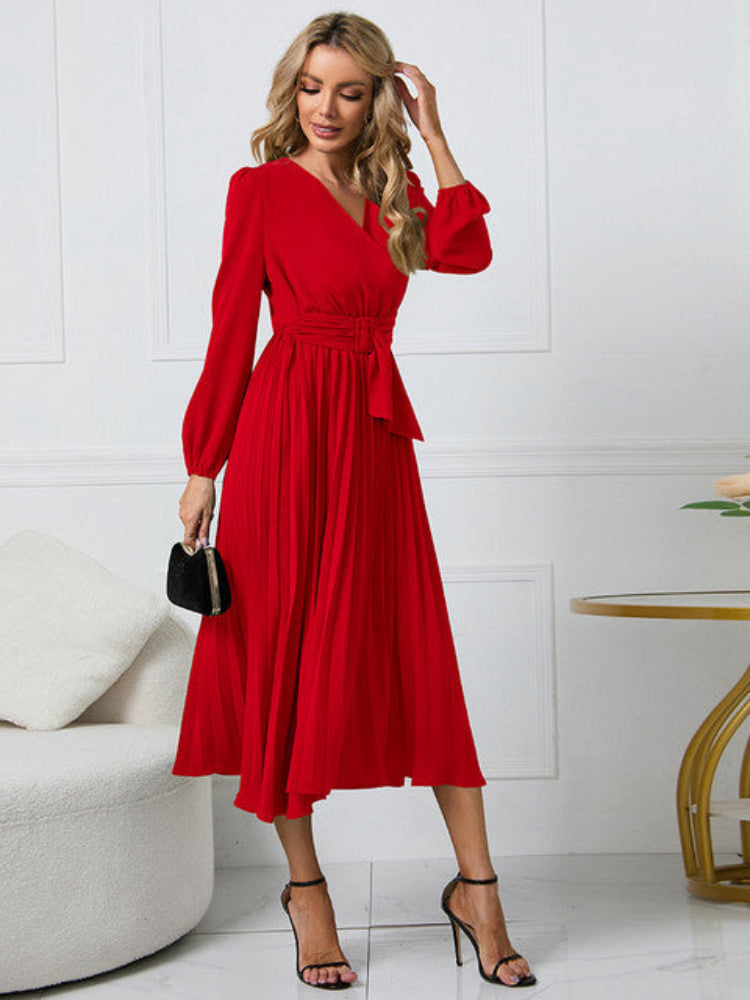 Women's Elegant Pleated Wrap Dress with Belt | Midi