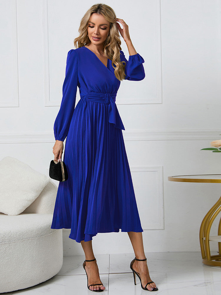 Women's Elegant Pleated Wrap Dress with Belt | Midi
