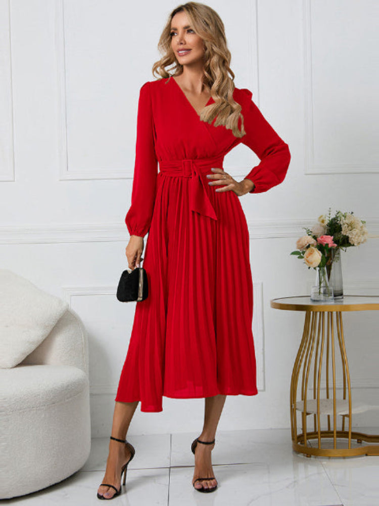 Women's Elegant Pleated Wrap Dress with Belt | Midi