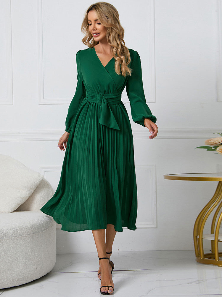 Women's Elegant Pleated Wrap Dress with Belt | Midi