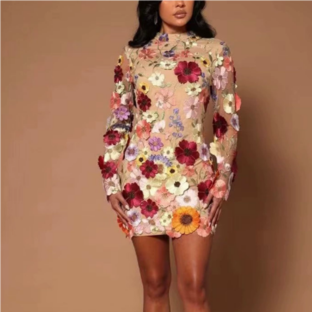 Women's Long Sleeve Party Dress with 3D Embroidery | Mini