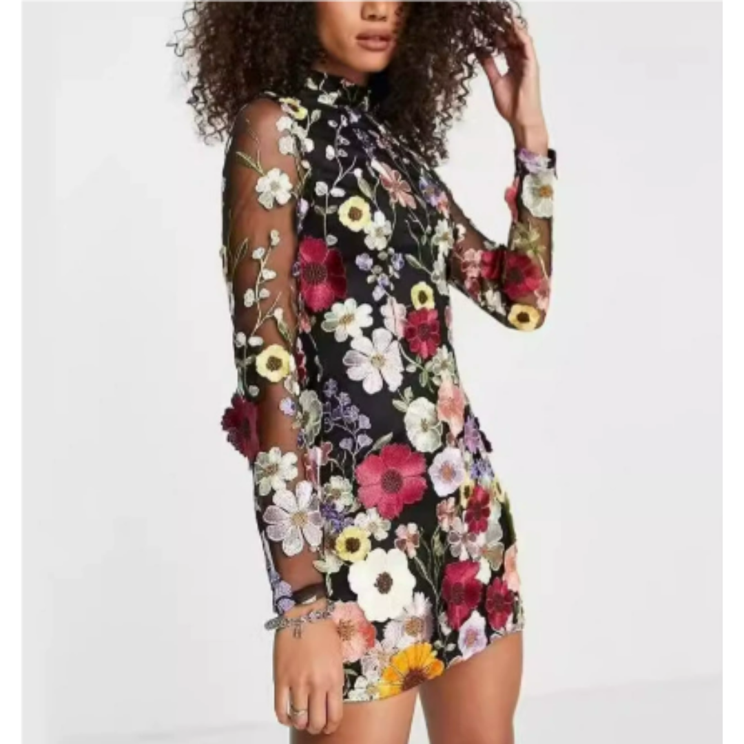 Women's Long Sleeve Party Dress with 3D Embroidery | Mini