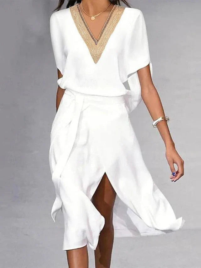 Sophie – elegant white midi dress with v-neck | Stylish & Versatile Design